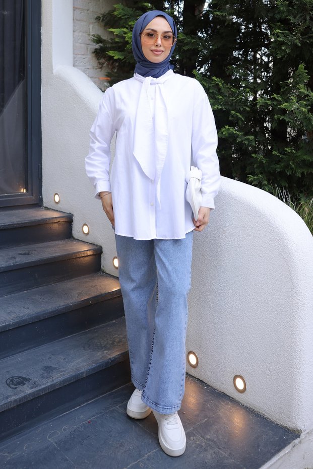White Collar Tie-Detail Poplin Shirt