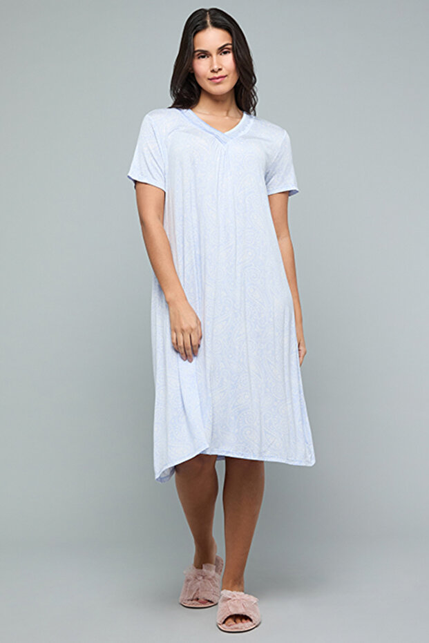 Printed Nightdress with V-Neck and Short Sleeves