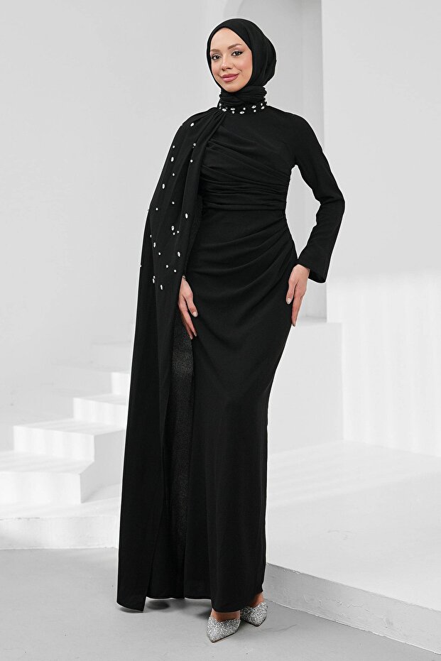 Black Stone Embellished Cape Evening Dress