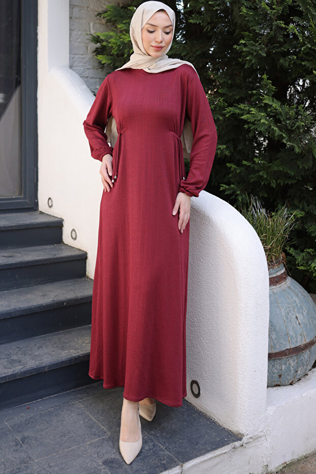 Burgundy Crew Neck Dress with Elastic Waist and Sleeves