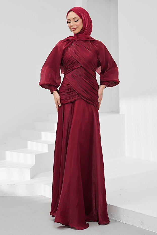 Burgundy Draped Front Balloon Sleeve Sparkling Evening Dress