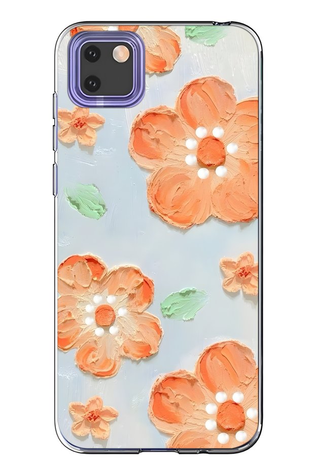 Huawei Y5P Compatible Orange Flower Oil Painting Patterned Transparent Phone Case