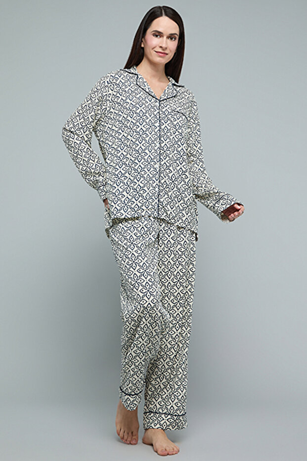 Patterned Lapel Collar Pyjama Set - 4