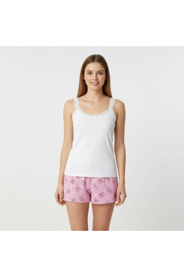Women's Cotton Piece Ornament Lace Piece Spaghetti Strap Tank Top and Shorts 2-Piece Set Bb2337