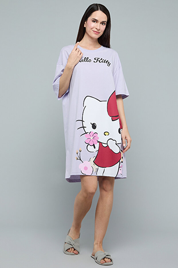 Hello Kitty Print Nightdress with Crew Neck and Short Sleeves