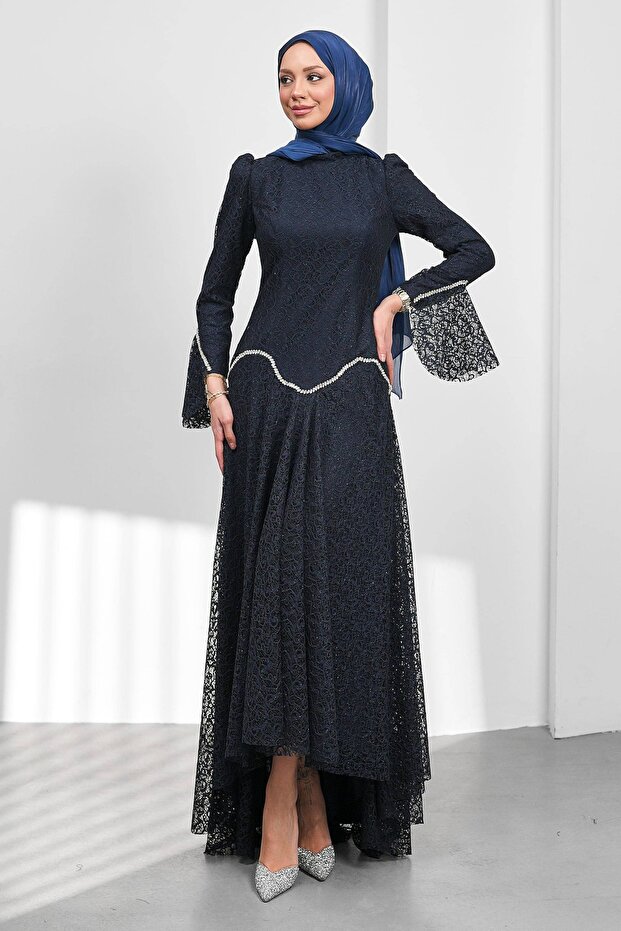 Navy Blue Guipure Lace Lined Stone Evening Dress