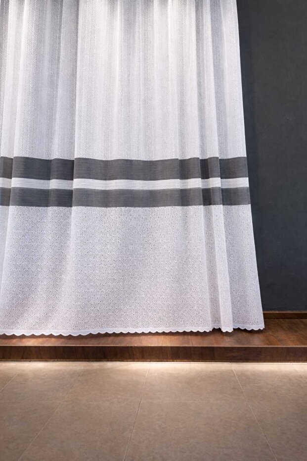 Tulle Curtain with Strappy Herringbone Detail | Anthracite | 1X3 Dense Pleat | No Ironing Required Stylish Design | Modern Living Room Curtain