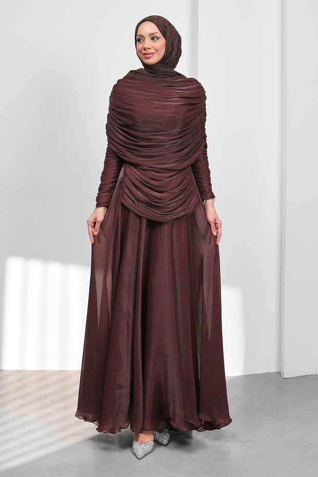 Brown Draped Cape Evening Dress