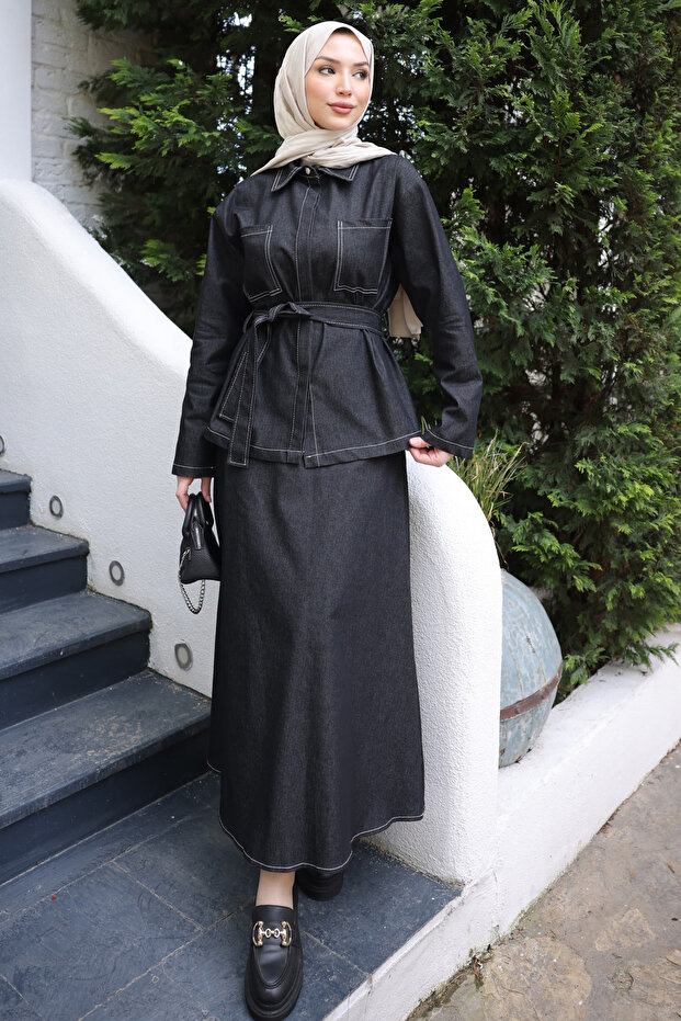 Black Waist Belted Double Pocketed Jacket Skirt Set