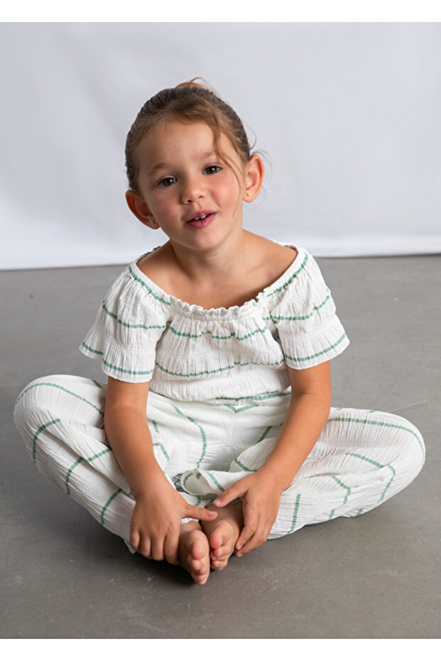 Girl Child Striped Pants Short Sleeve Blouse Suit White 3593