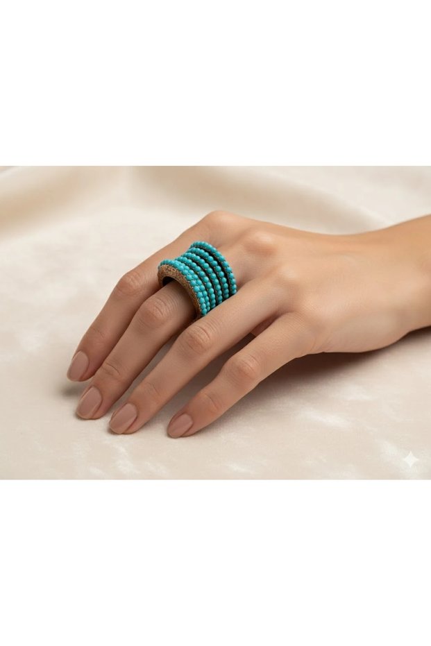 Bronze Jewelry Authentic Turquoise Stone 7 Row Model Adjustable Long Vintage Women's Ring