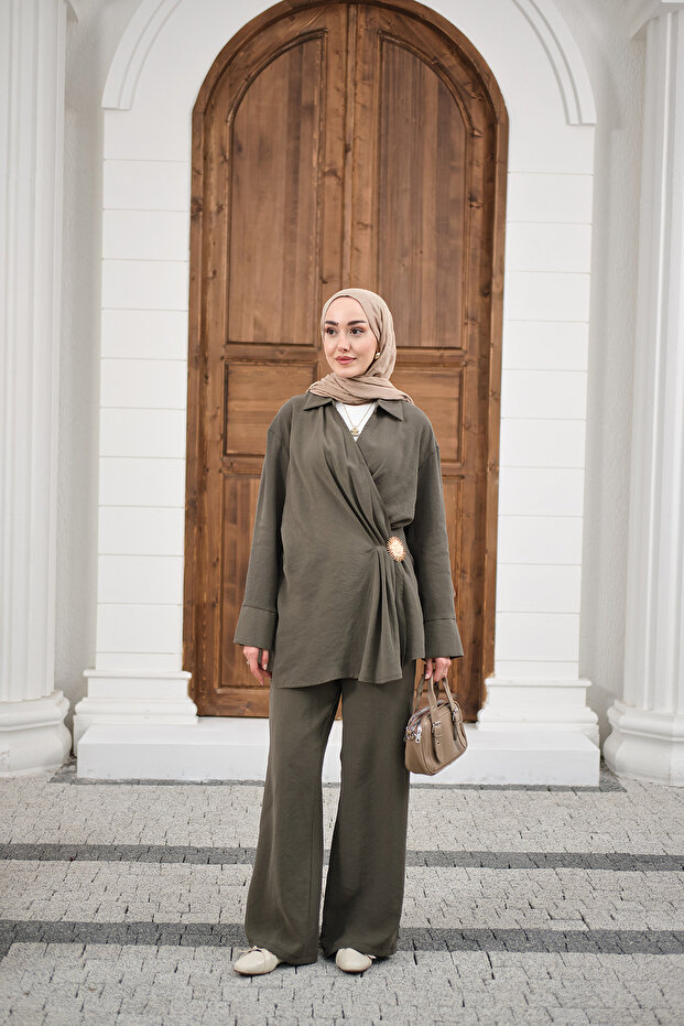 Women's Side-Tie Brooch Detail Set Khaki Green