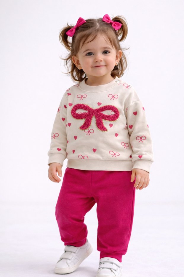Baby Girl Heart Bow Embroidered 2-Piece Top and Bottom Set 2Yarn m Transitional Tracksuit Set 3-12 Months
