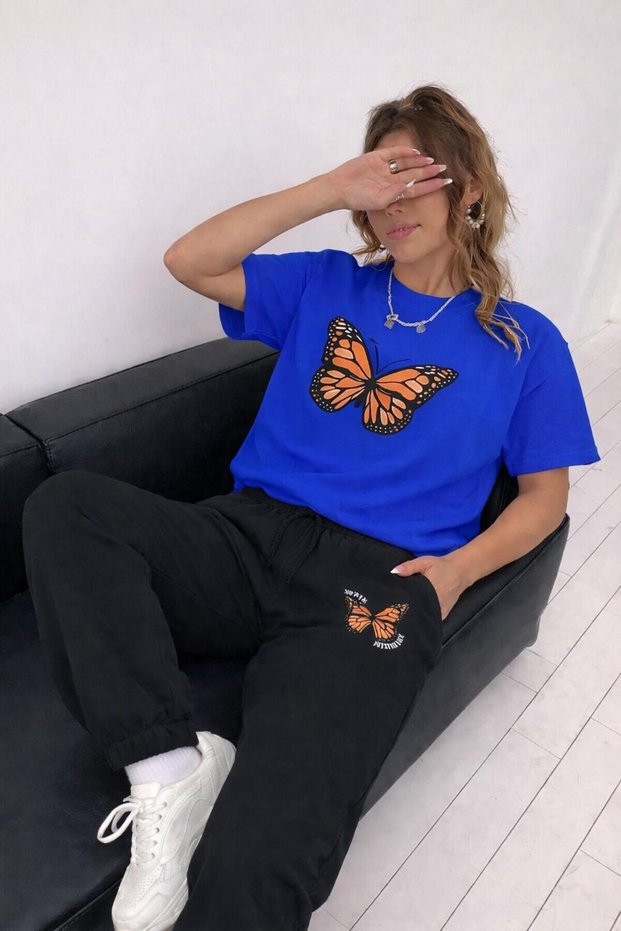 Women's Orange Butterfly Printed T-Shirt and Sweatpants Set