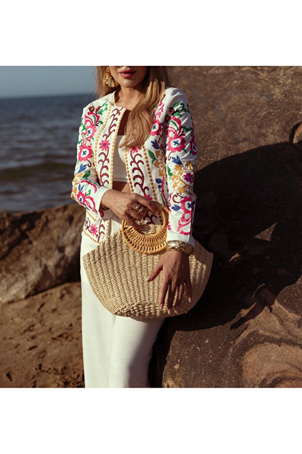 Design Colorful Embroidered White Jacket