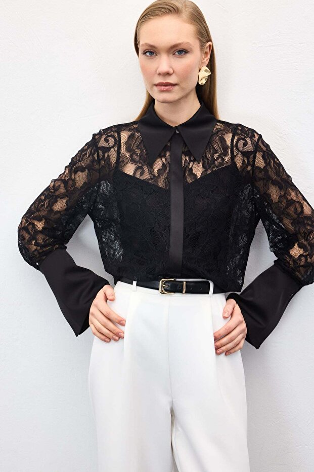 Dantel Gömlek - Siyah - 7