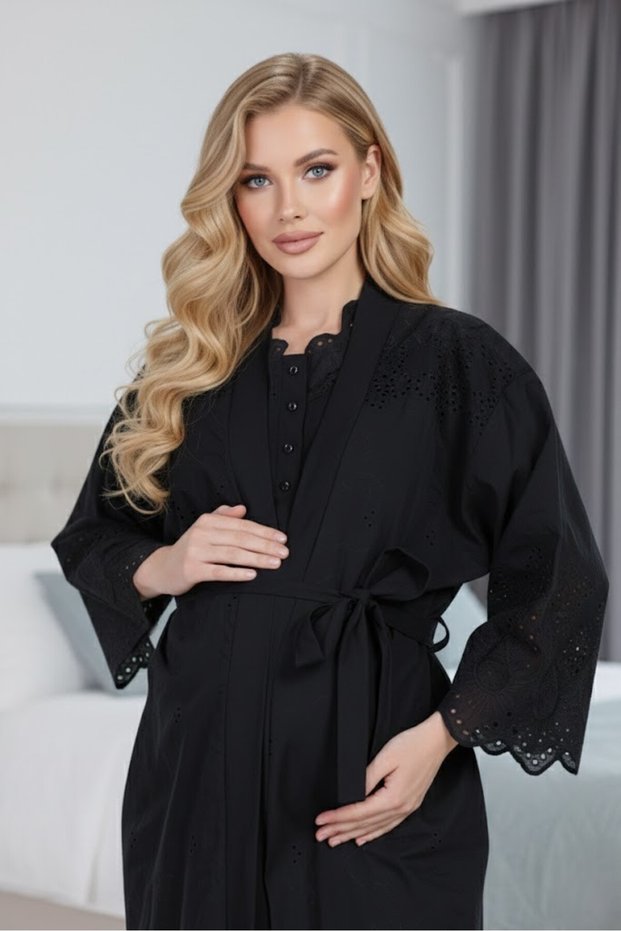 New Season Black Stylish Eyelet Embroidery Linen Summer 100% Cotton Short Sleeve Maternity Maternity Dressing Gown Nightgown Set of 2