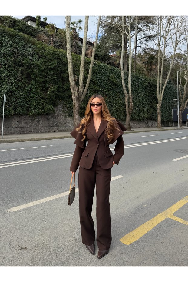 Brown Cape Detailed Jacket and Trousers Set - 202604