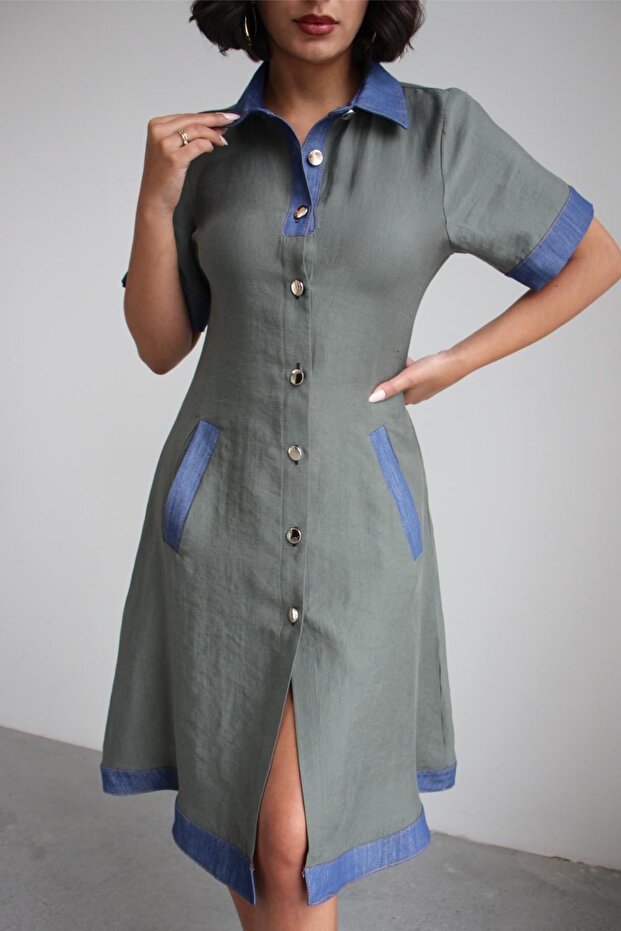 Women's Denim Detailed Buttoned and Collared Short Sleeve Pocketed Dress