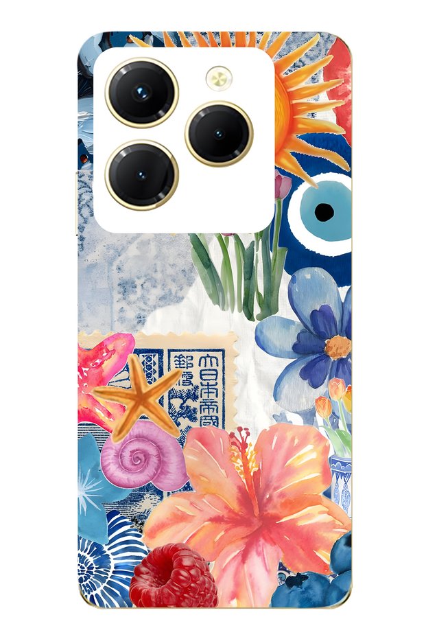 Infinix Hot 40I Compatible Sun Flowers and Evil Eye Bead Patterned Transparent Phone Case