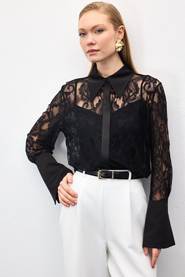 Dantel Gömlek - Siyah - 6