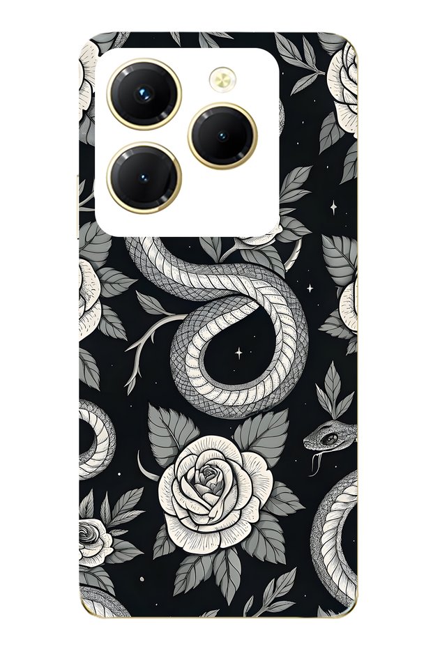 Infinix Hot 40I Compatible Black Rose and Snake Patterned Transparent Phone Case