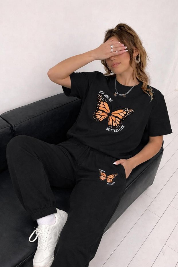 Women's Orange Butterfly Printed T-Shirt and Sweatpants Set