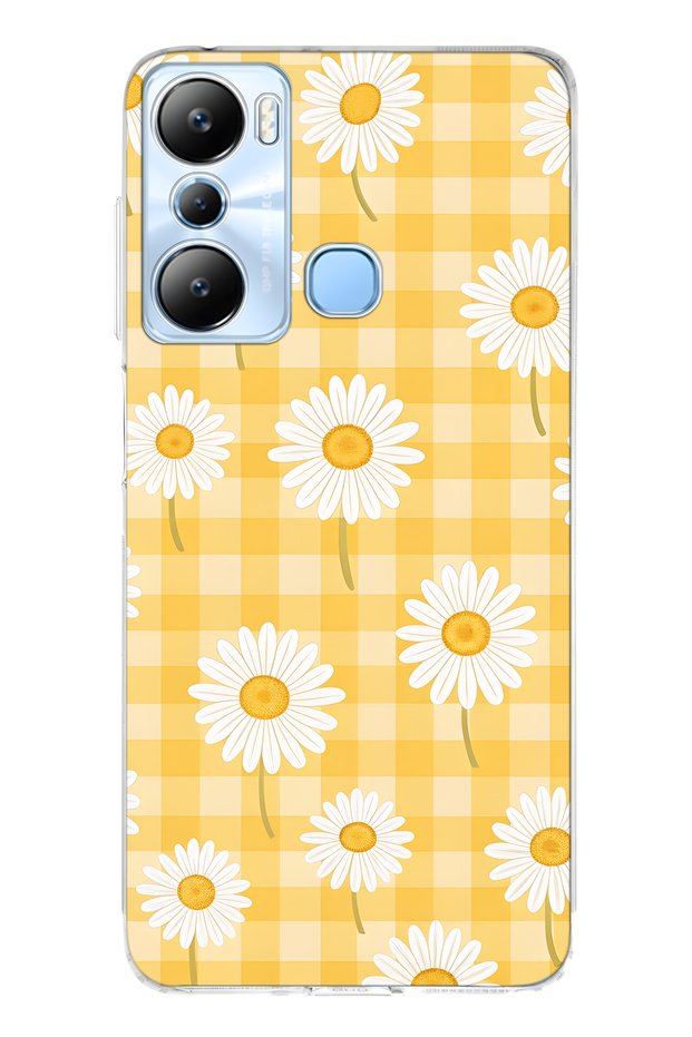 Infinix Hot 20I Compatible Yellow Checked Daisy Patterned Transparent Phone Case