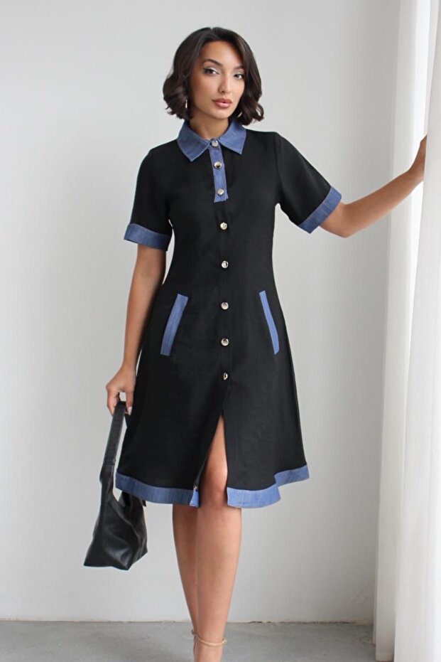 Women's Denim Detailed Buttoned and Collared Short Sleeve Pocketed Dress
