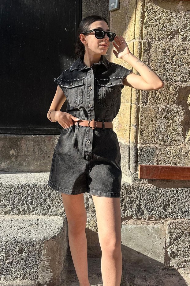 Staple Detail Embroidery Denim Jumpsuit - Black Black