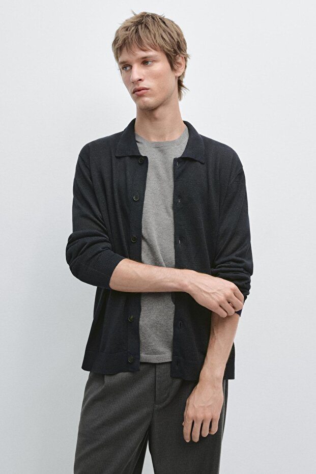 Düğmeli keten triko hırka - 2