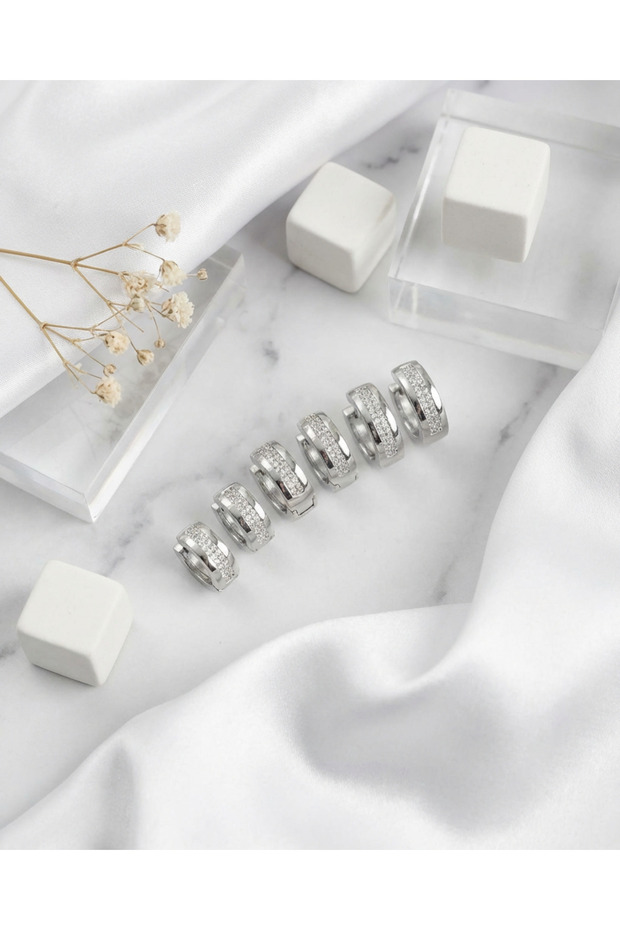 316L Steel Silver Color Zircon Stone Hoop Earrings Set