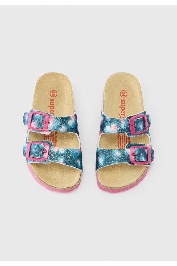 Girl's Cork Sole Buckled Slipper Fuchsia/Blue
