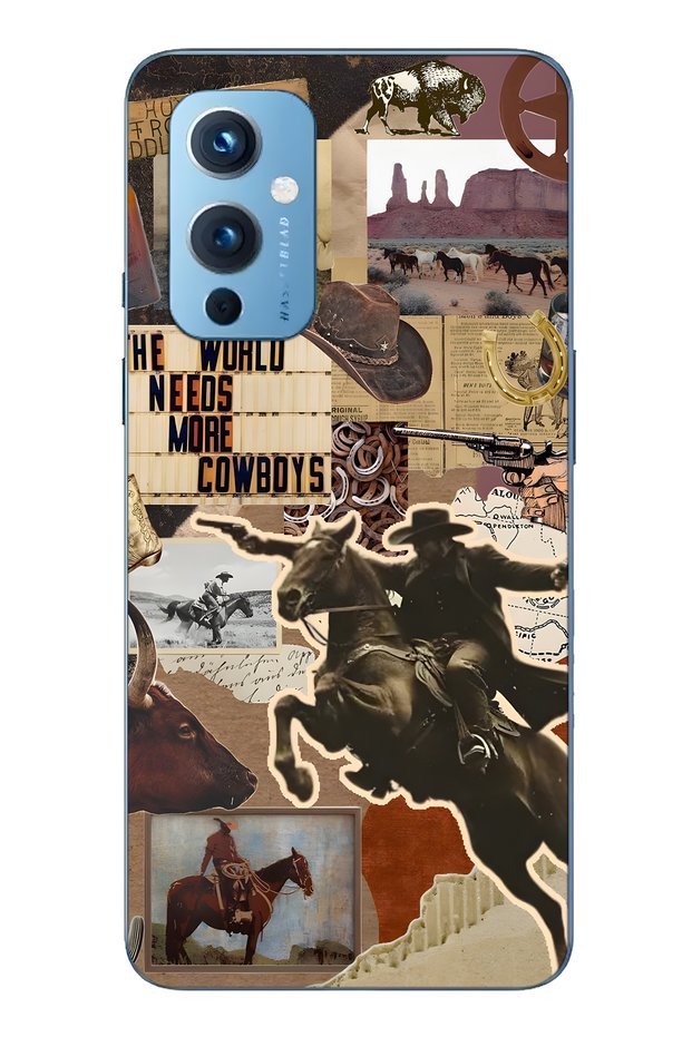 One Plus 9 Compatible Cowboy Western Collage Patterned Transparent Phone Case