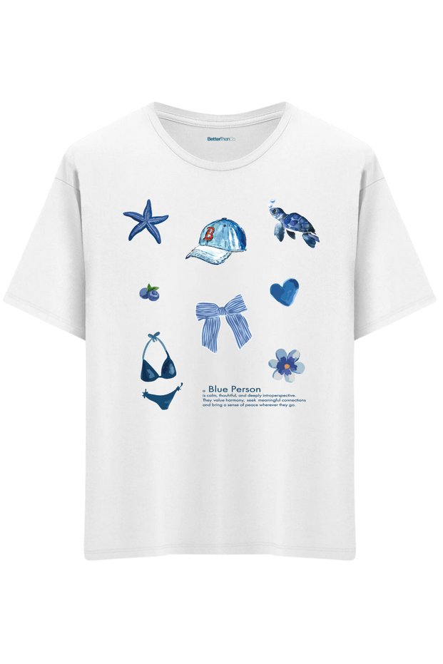 Blue Person Printed Crew Neck Oversized T-Shirt