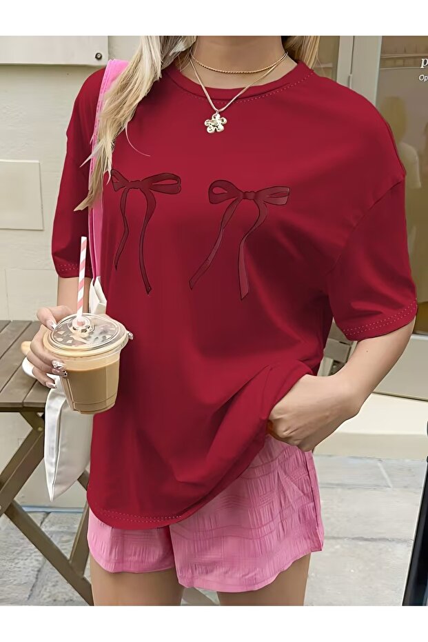 Women's Bow Printed Oversized T-Shirt Loose Fit