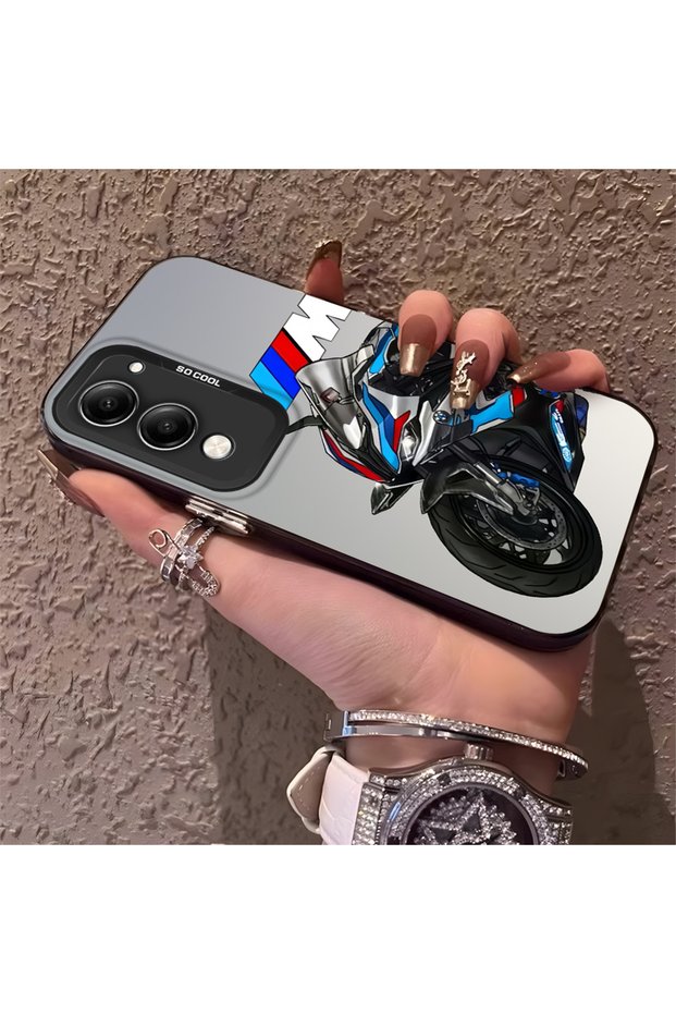 Motorcycle Patterned Silicone Edge Hard Back Anti Fall Phone Case Compatible with Vivo Y04