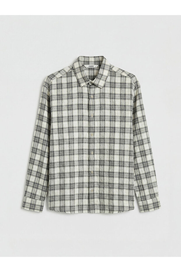 Giyçık Store Den Green Regular Fit Plaid Linen Look Men's Shirt
