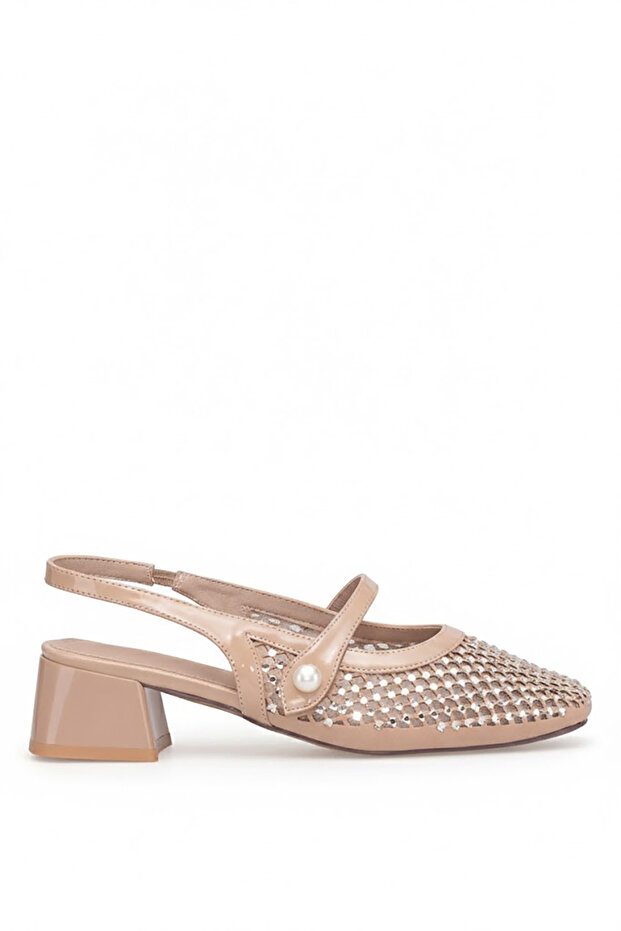 26Y487-1 Women's Stoned Classic Heeled Shoes Camel