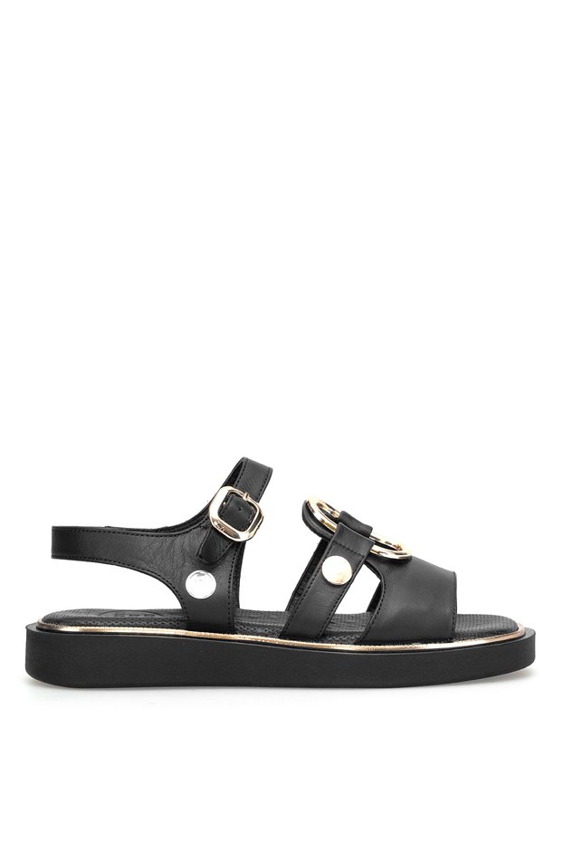 D26Ys-5290 Women's Genuine Leather Flat Sandals Black