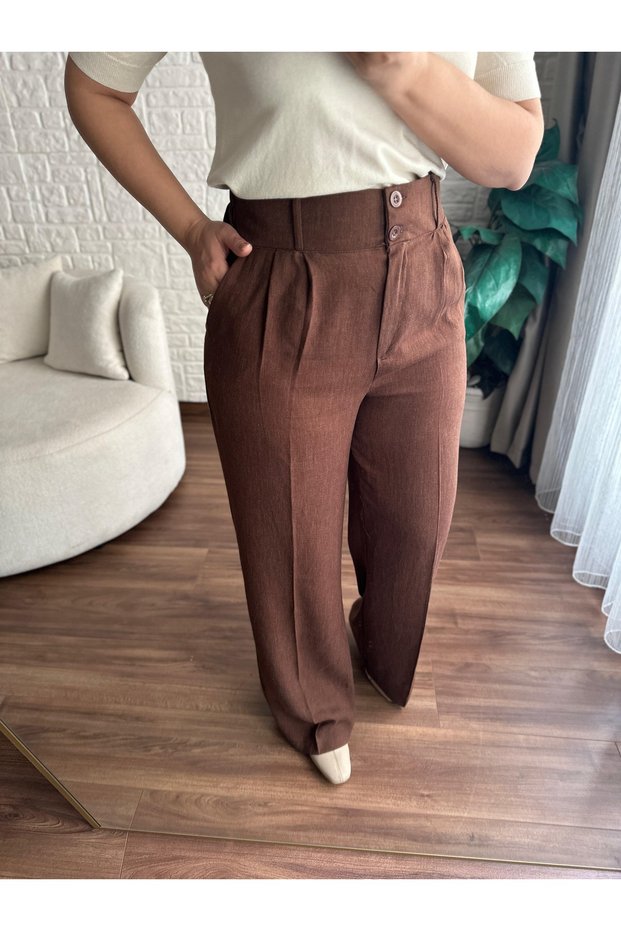 Cotton Linen Fabric Palazzo Pants - Belt Comfortable Cut with Elastic Pleated Detail