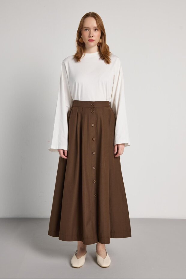 Women's Brown Buttoned High Waist Long Skirt 31033