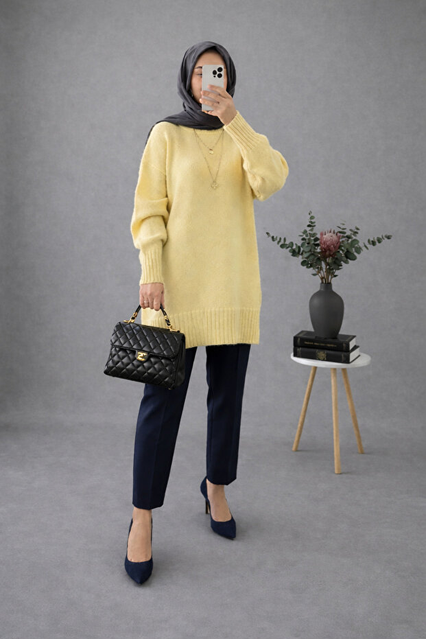 Yellow Crew Neck Oversized Women's Knitwear Tunic