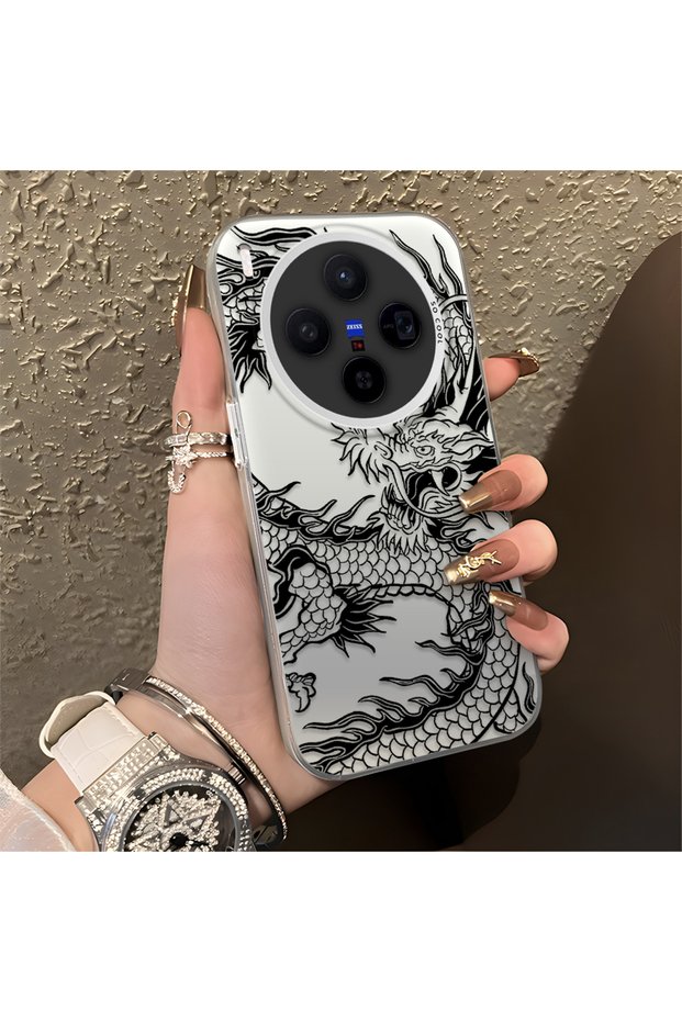 Vivo X300 Compatible Silicone Edge Hard Back Anti-Fall Phone Case Dragon Patterned