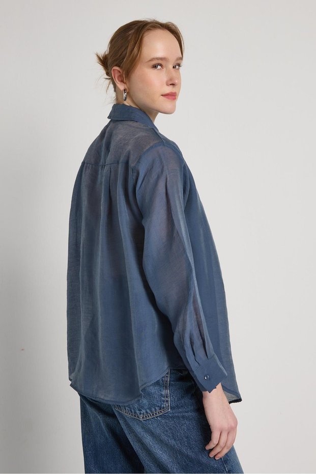 Relax Fit Cape Detailed Premium Navy Blue Women's Shirt 31017