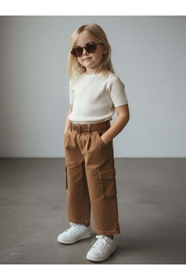Girl's Cargo Pocket Pack Wide Leg Pants Denim