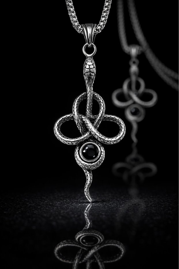 Antique Silver Color Stainless Steel Black Zircon Stone Snake Necklace