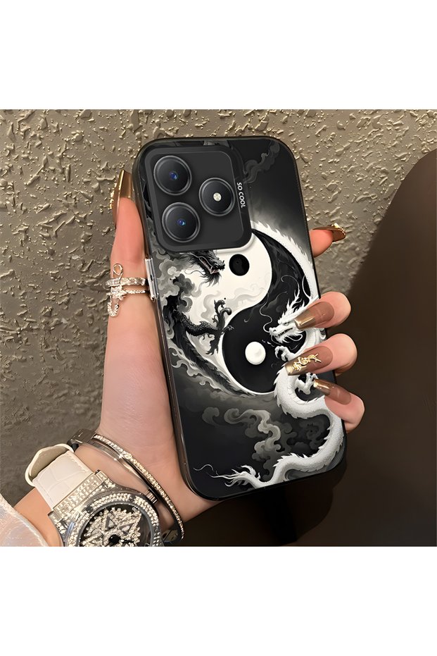 حافظة هاتف Realme C63 متوافقة مع الحافة السيليكونية الصلبة والمضادة للسقوط، Dragon منقوش