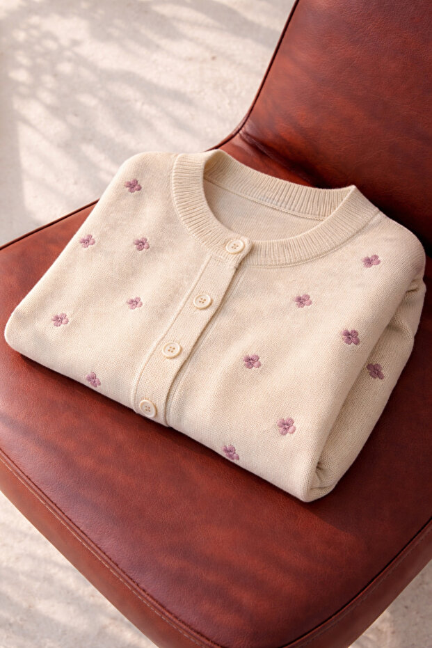 Embroidered Romantic Cardigan Women's Cream Lilac