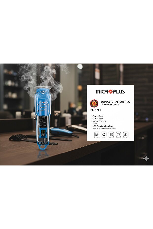 ماكينة Microplus بتصميم شفاف عصري، محرك قوي وشحن سريع لحلاقة احترافية وسلسة.